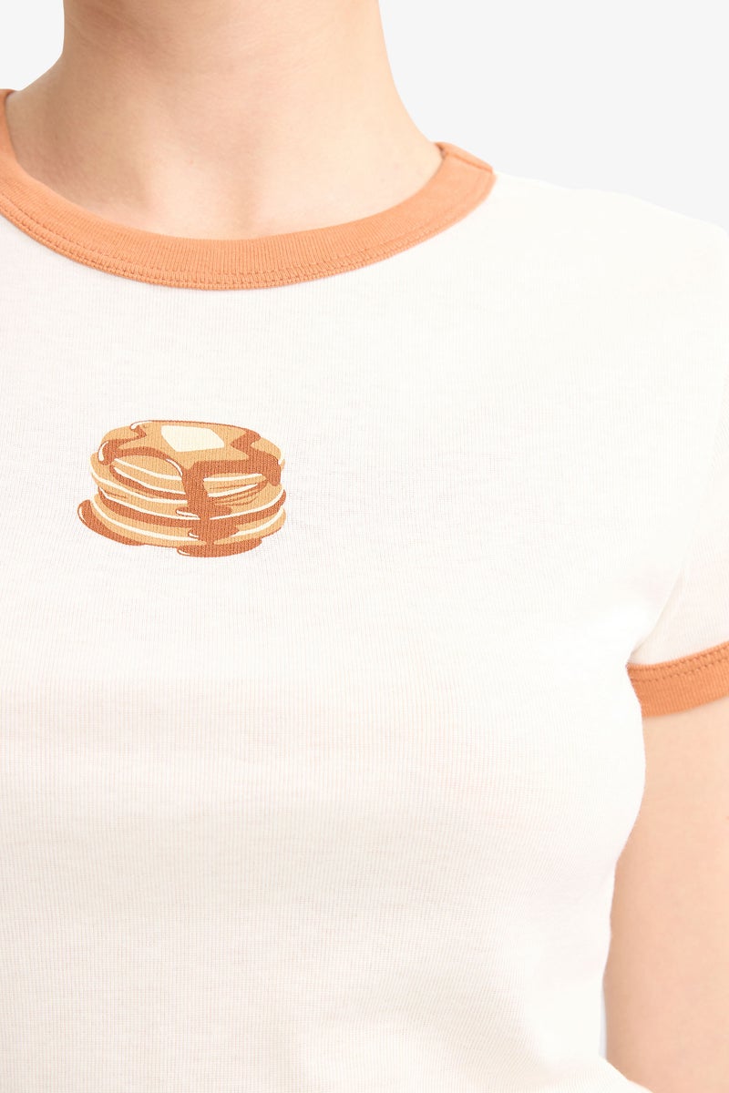 DeFacto Beige Woman Fall in Love Fitted Crew Neck Printed Ribbed Top Casual - Image 4